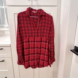 Red Plaid Tunic 3/4 Buttonup